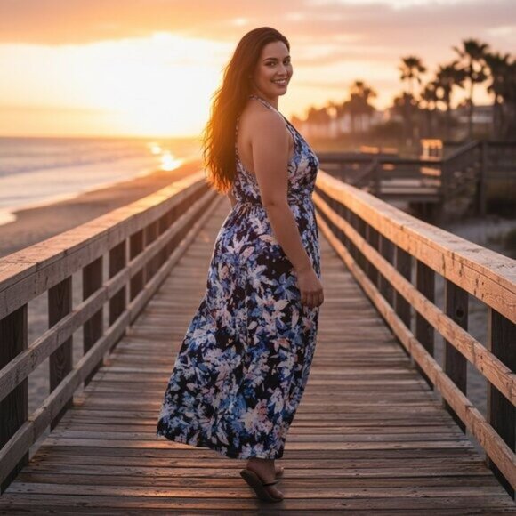 Roz & Ali Floral Print Halter Maxi Dress XL Lightweight & Flowing Navy Multicolo - Picture 3 of 5